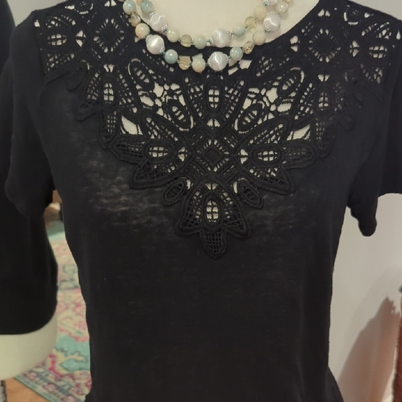 💯 Linen Black Lace Women's Short Sleeve Top - Picture 3 of 7